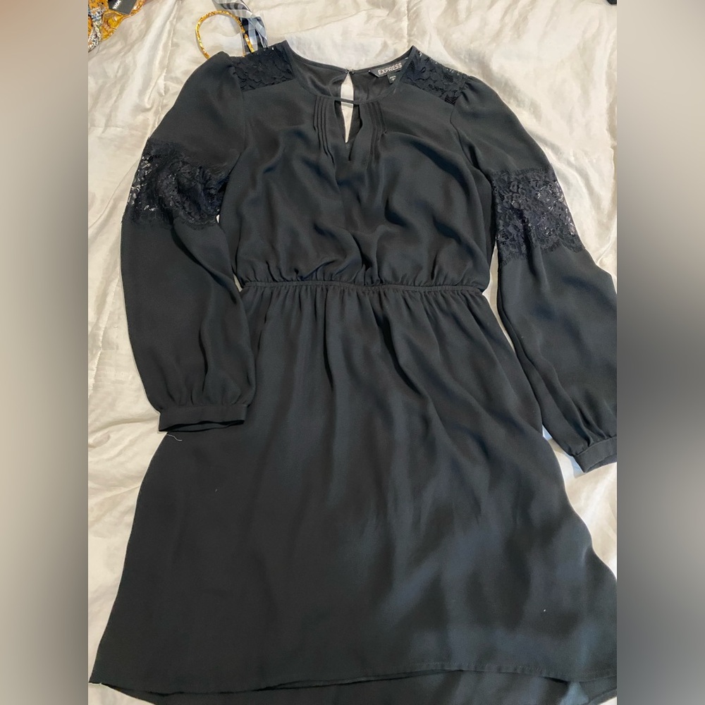 Express Black Smocked Ruched Long Sleeve Sundress